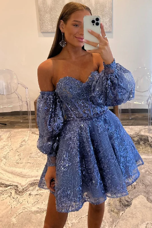 Price Cut Blue Strapless Sequin-Embroidered Homecoming Dress with Detachable Sleeves