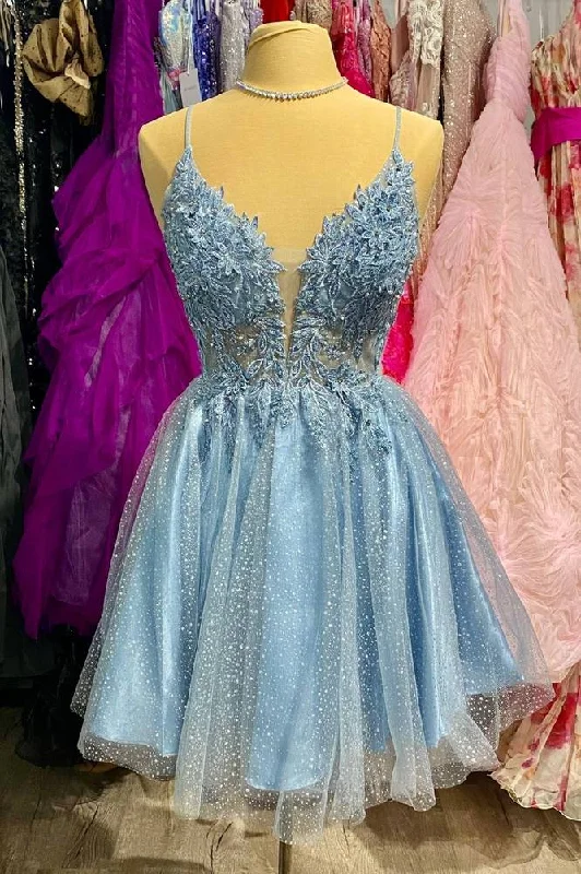 Buy Now Plunging Neck Sky Blue Straps Appliques Short Party Dress