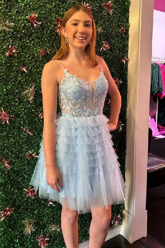 Best Bargains Straps Light Blue Sheer Corset A-Line Ruffle Homecoming Dress