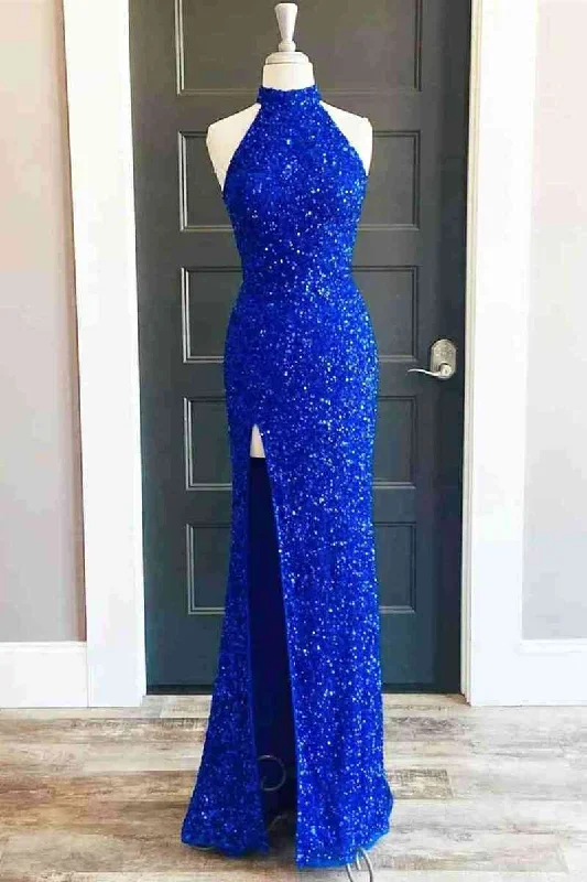 Price Slash Sequins High Neck Royal Blue Long Party Dress with Slit