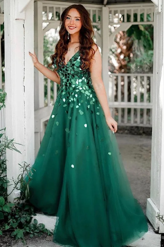Final Clearance A-Line Green V-Neck Sequins Long Prom Dress