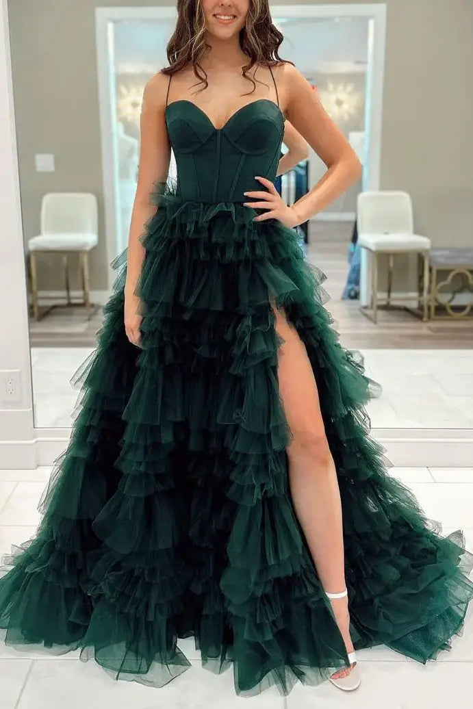 Buy More, Save More Green Spaghetti Straps Layered Tulle Prom Dress with Slit