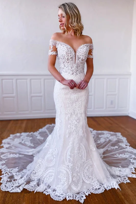Special Price Mermaid Short Sleeves Long White Lace Bridal Dress