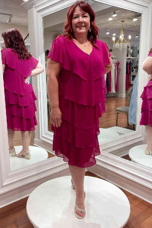 Epic Deals Elegant V-Neck Magenta Tiered Chiffon Mother of the Bride Dress
