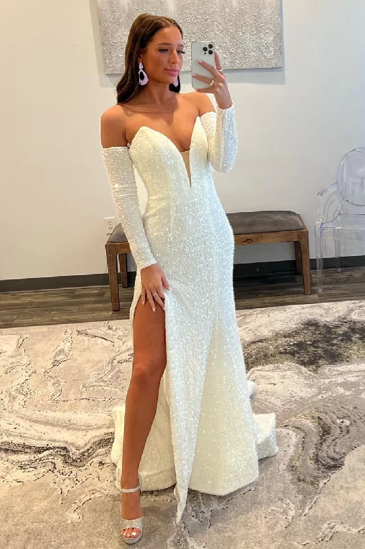 Value Deals Ivory Sequins Deep V-Neck Sleeves Long Prom Dress with Slit