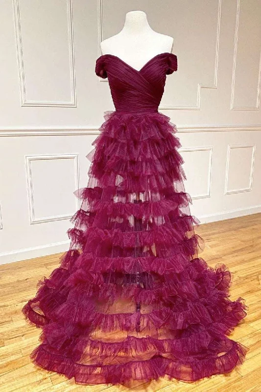 Low Prices Off the Shoulder Dark Berry Pleated Sheer Tiered Prom Dress
