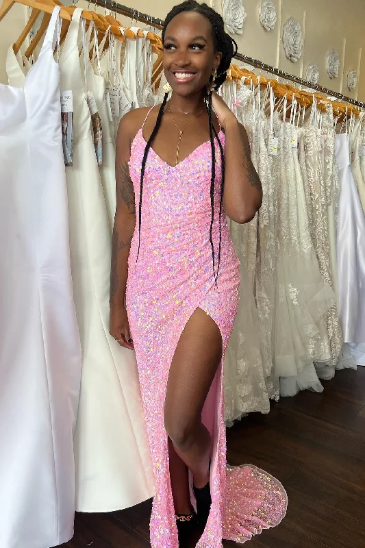 Markdown Madness Pink Mermaid V Neck Straps Sequins Pleated Long Prom Dress with Slit