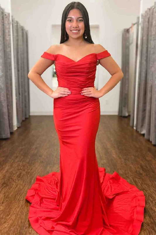 Take Advantage Red Off-Shoulder Mermaid Satin Pleated Long Prom Dress