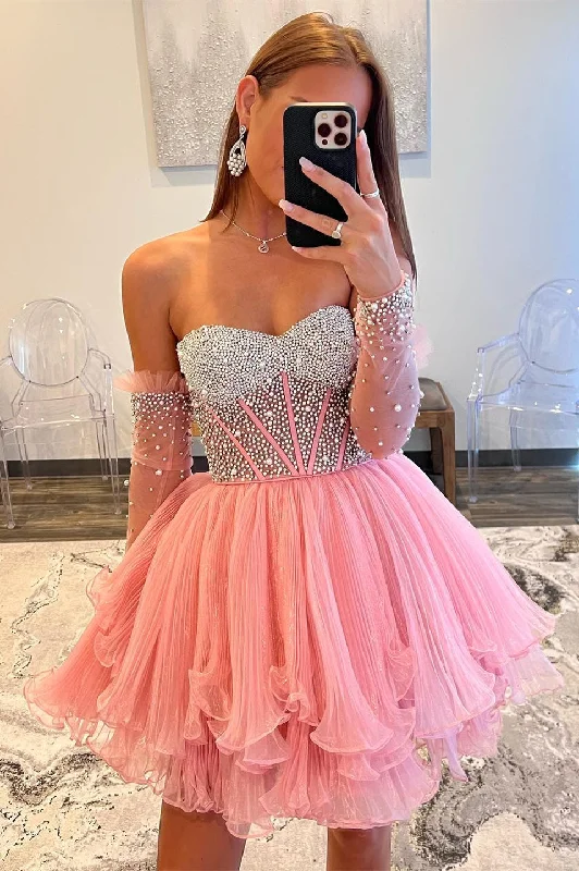 Instant Discount A-Line Pink Beaded Ruffled Short Party Dress with Removable Sleeves