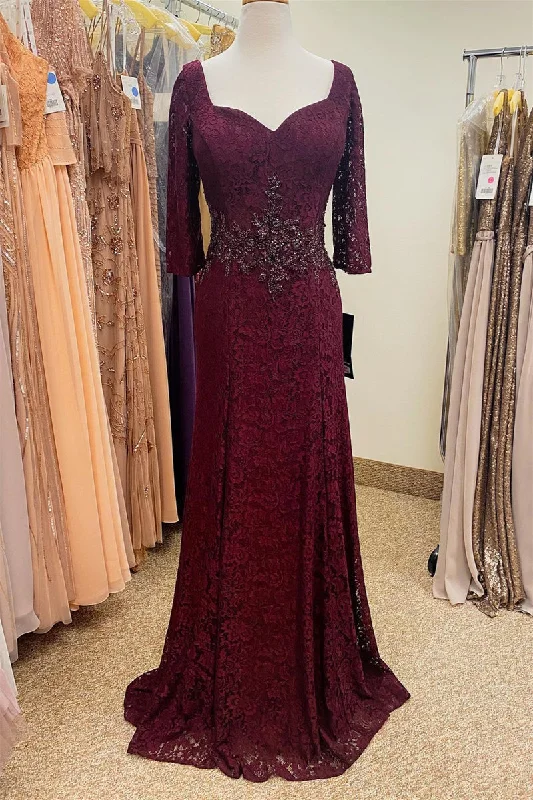 Daily Deals Lace Burgundy Beaded Waist Long Mother of Bride Dress with Sleeves