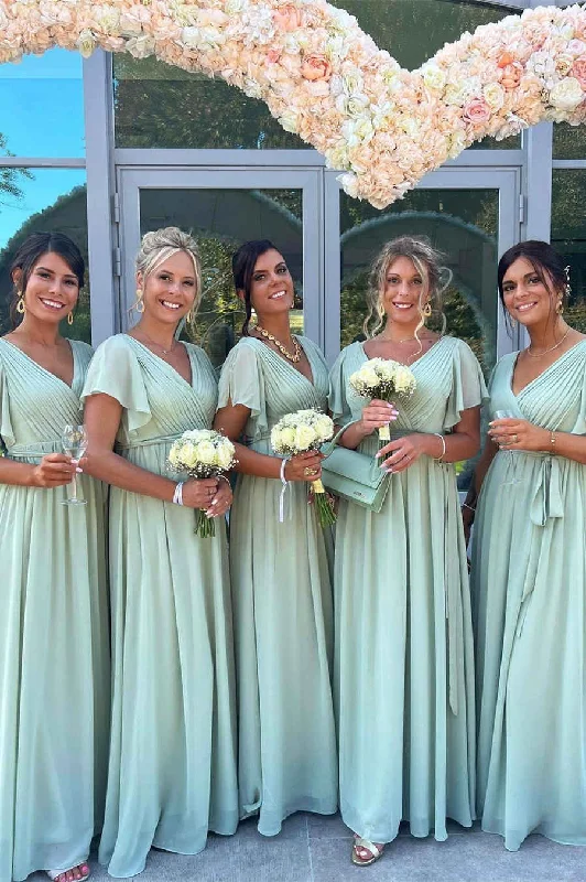 Savings Alert V-Neck Sage Green Pleated Chiffon Bridesmaid Dress