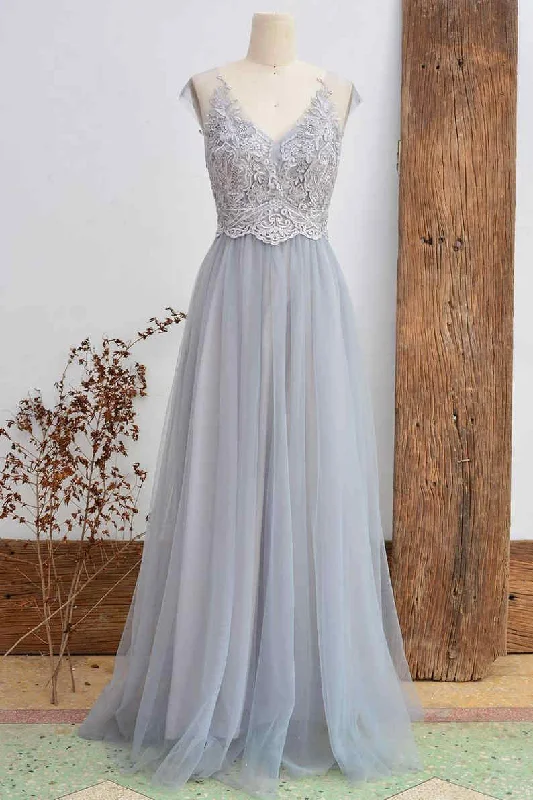Incredible Offers Short Sleeved Light Grey Appliqued Bridesmaid Dress