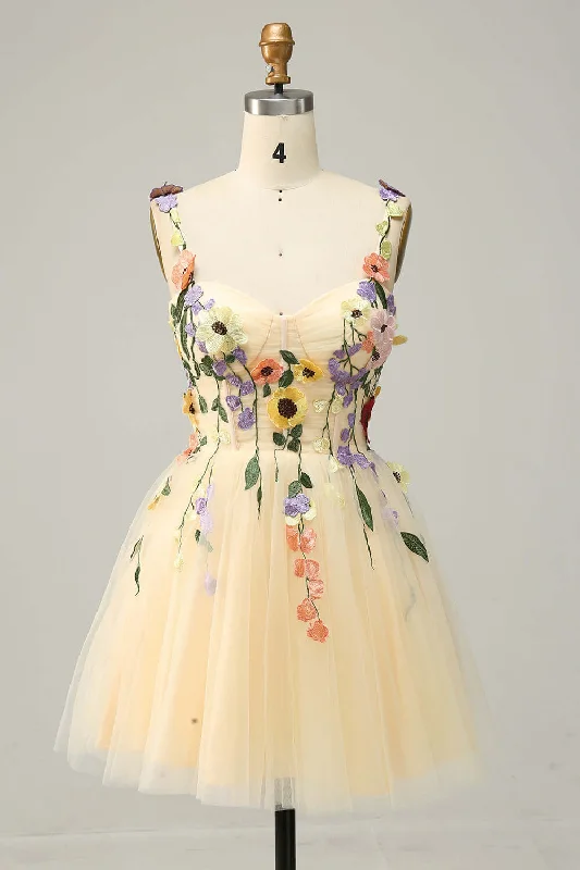 Deal Alert Straps Champagne 3D Floral A-Line Short Party Dress