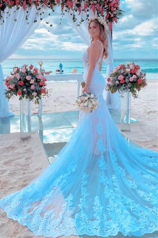 YEAR-End Sale Mermaid Spaghetti Strap White Wedding Dress with Chapel Train