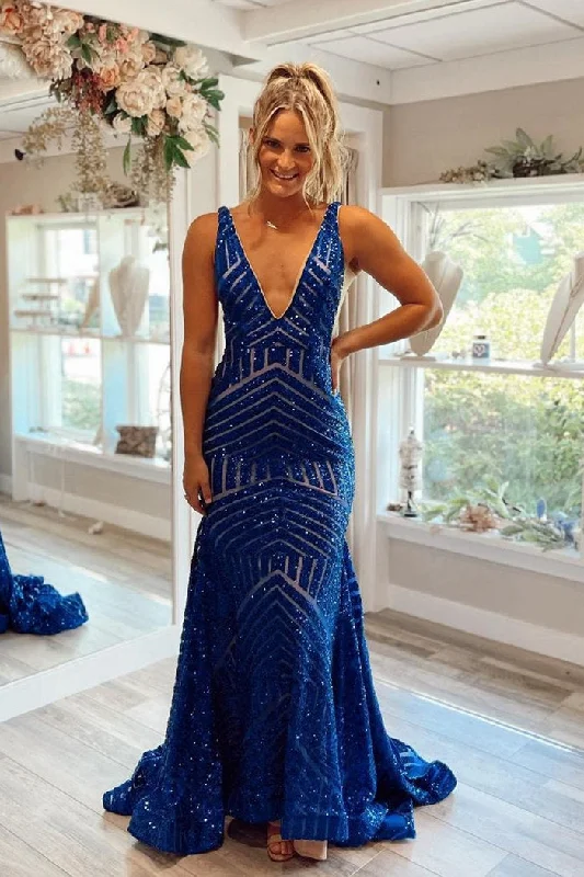 Best Seller Mermaid Royal Blue V-Neck Long Party Dress