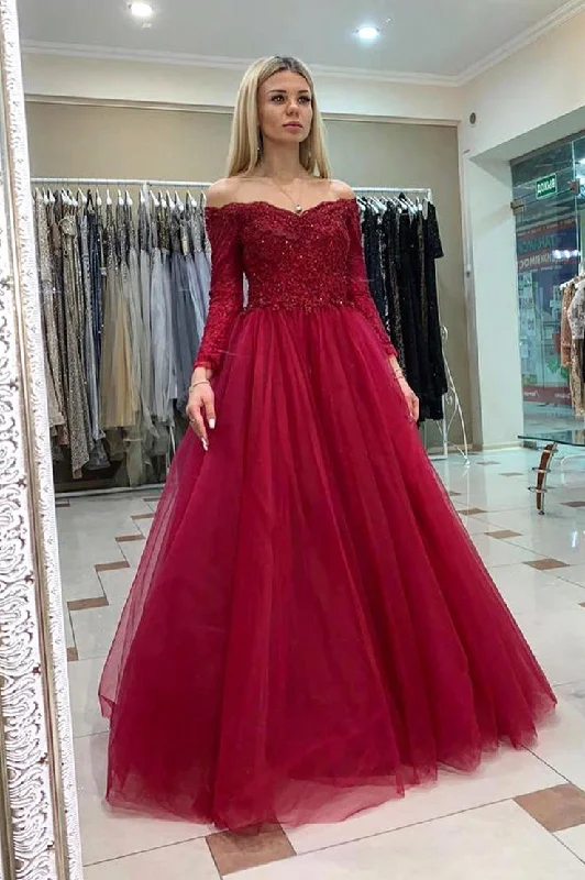 New Deals Long Sleeves Appliqued Burgundy Long Prom Dress