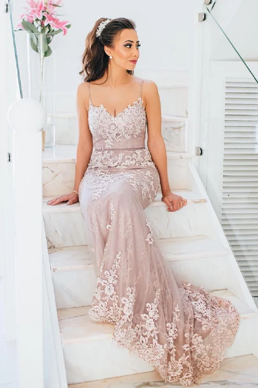 Exclusive Deal Elegant Straps Mermaid Pink Long Prom Dress with Appliques