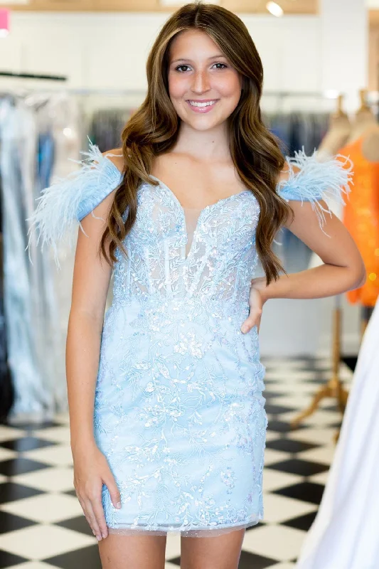 Savings Event Light Blue Feather Off the Shoulder Short Homecoming Dress