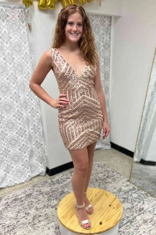 Act Fast Glitter Rose Gold V-Neck Tight Homecoming Dress