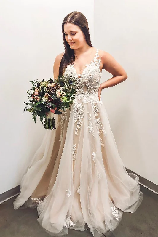Savings Galore Long V-Neck A-line Ivory Wedding Dress with Lace Appliques