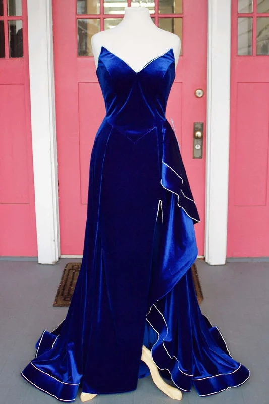 Deal Mania Asymmetrical Royal Blue Velvet Long Prom Dress