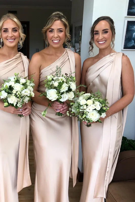 Act Now One Shoulder Champagne Bridesmaid Dresses with Belt