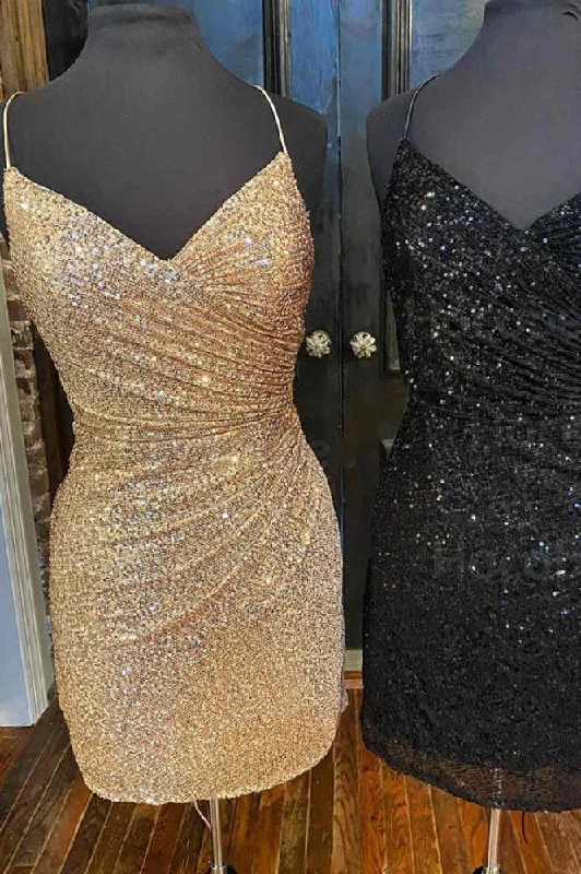 Special Buy Glitter Pleated Gold Sequines Tight Homecoming Dress