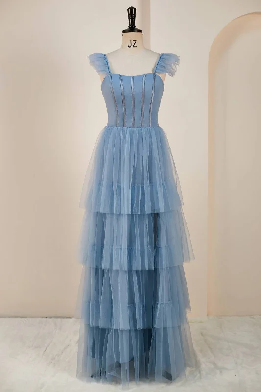 Crazy Savings Straps Misty Blue Tiered Ruffles Long Bridesmaid Dress