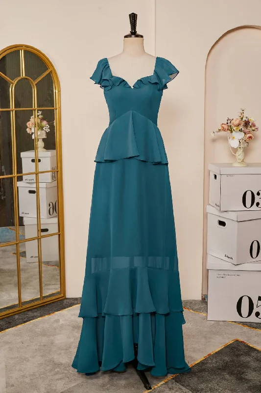 Don’t Miss Out Teal Ruffle Tiered Chiffon Long Bridesmaid Dress
