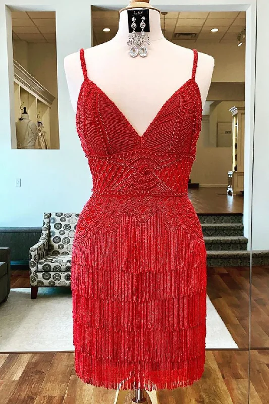 Savings Spectacular Sheath Lace-Up Tassel Red Homecoming Dress