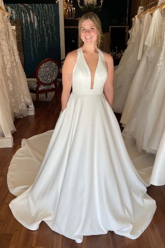 Act Now Plunging Halter Ivoty Bridal Dress with Pockets