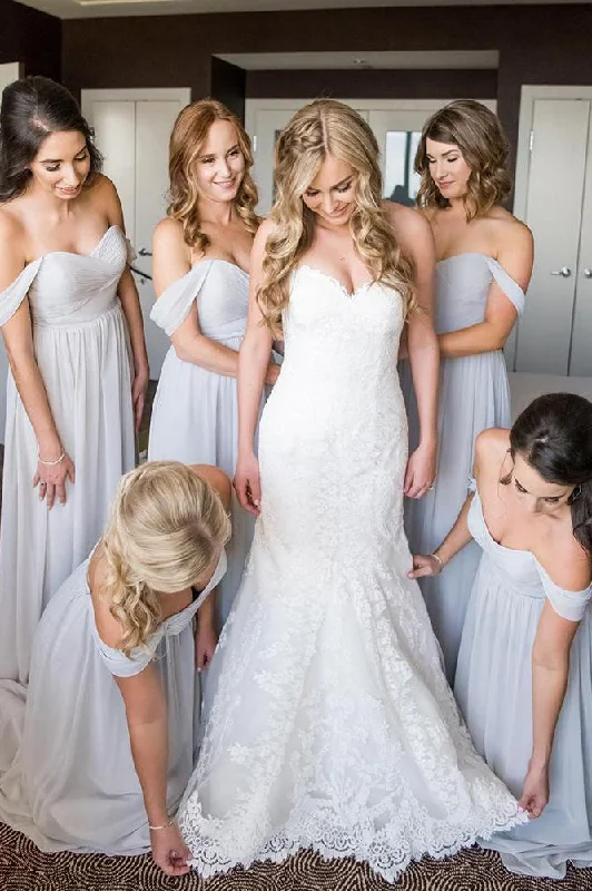 Final Clearance Off the Shoulder Light Grey Chiffon Long Bridesmaid Dress