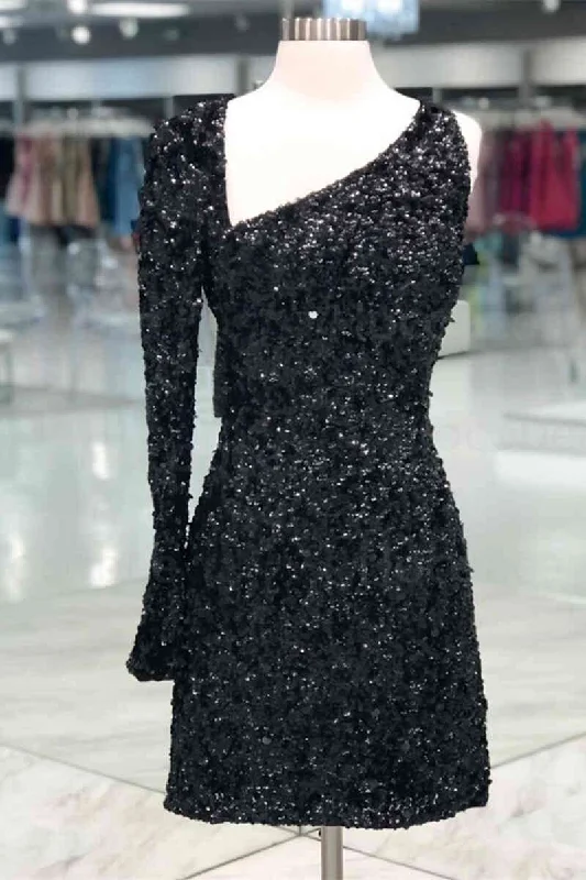 Today Only Asymmetrical Black Sequined Homecoming Dress with Long Sleeve