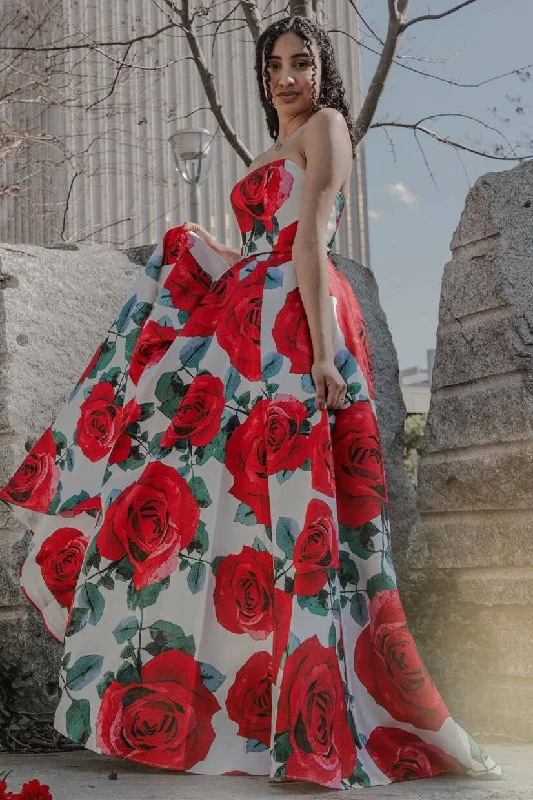 New Markdowns Elegant Strapless Floral Prom Dress with Pockets