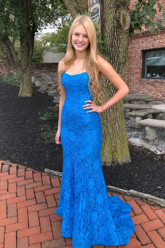 Low Prices Elegant Spaghetti Straps Open Back Mermaid Blue Long Prom Dress
