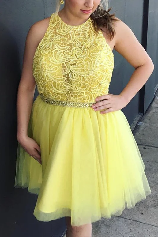 Great Deals Halter Yellow Short Homecoming Dress with Lace Up Back