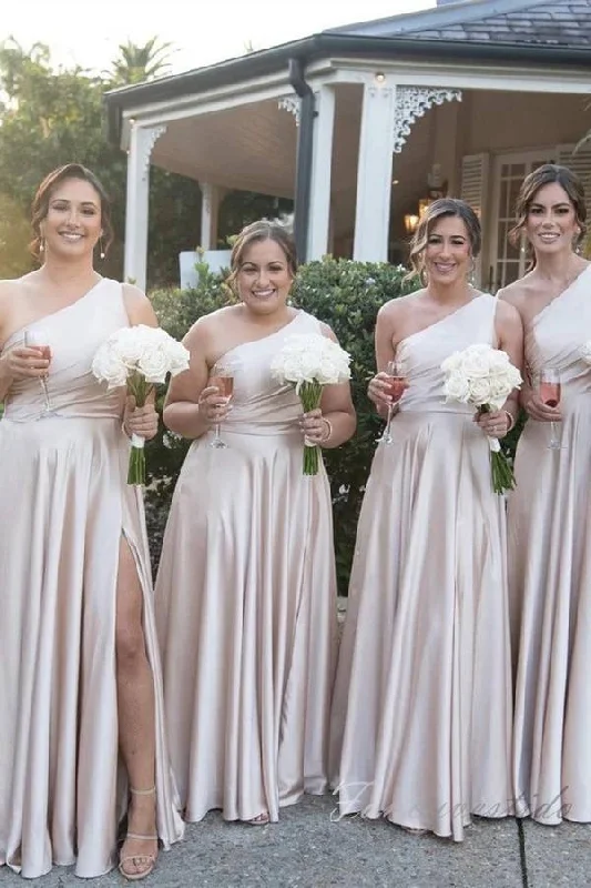 Closeout Blush Pink One Shoulder Satin A-Line Bridesmaid Dress