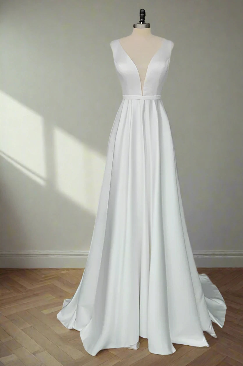 Stock Up and Save Plunging-Neck Satin Wedding Dress with Cross Back