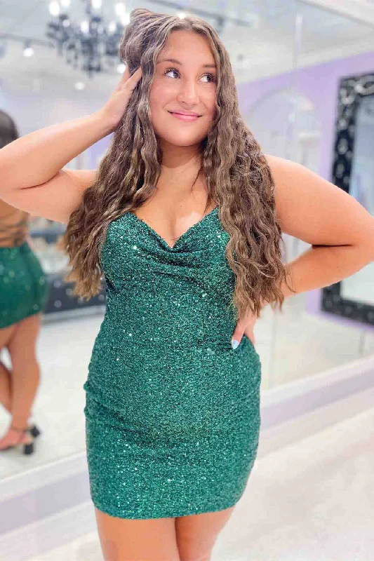 Take Advantage Lace-Up Green Cowl Neck Tight Homecoming Dress
