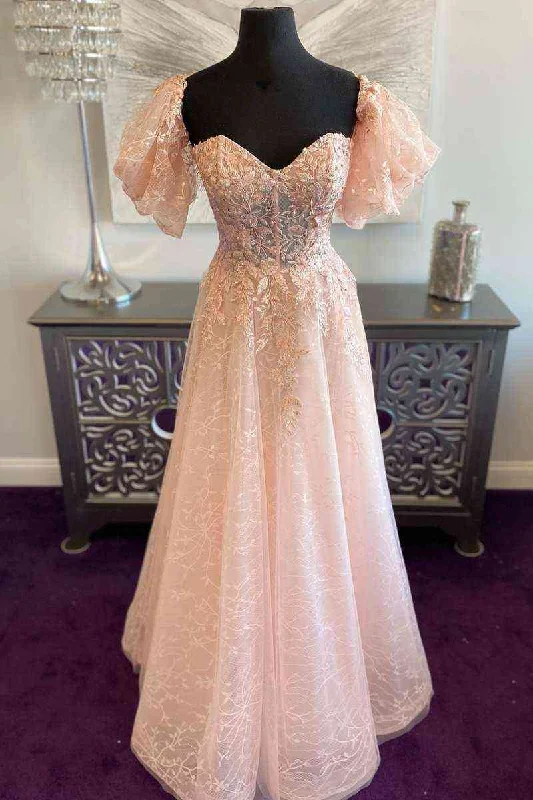 Daily Specials Candy Pink Off-Shoulder A-line Tulle Long Prom Dress with Appliques