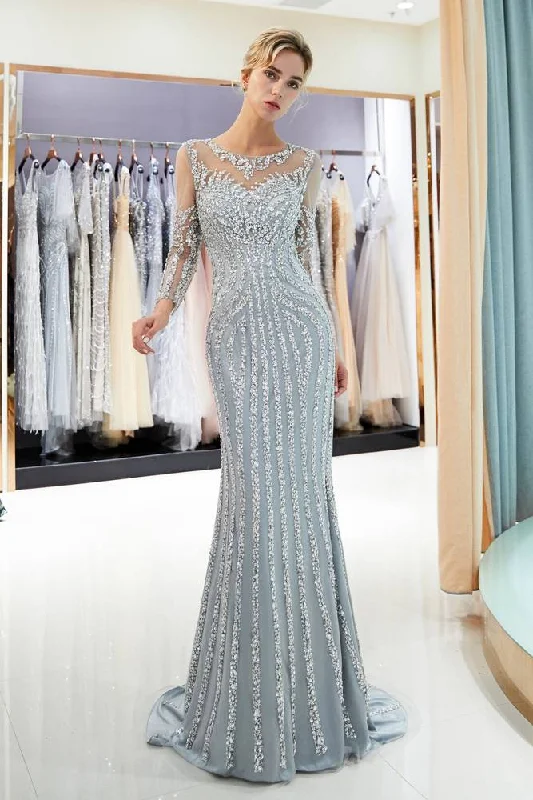 Massive Deals Illusion Long Sleeves Mermaid Beading Sweep Silver Prom Evening Dress