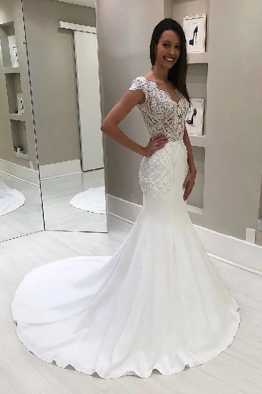 Inventory Reduction Long V-Neck Mermaid Cap Sleeves White Wedding Gown with Court Train