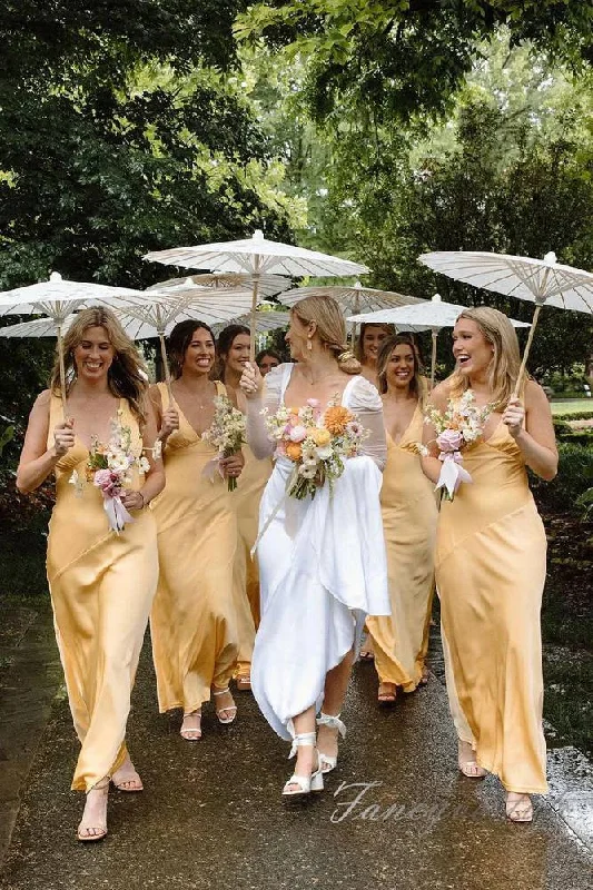 New Deals Gold V-Neck Satin Long Bridesmaid Dress with Ruffle Back