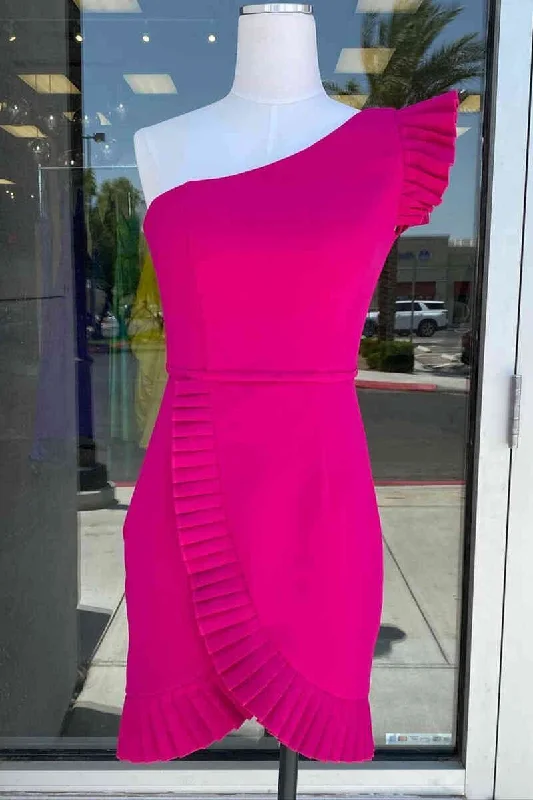 Hot Deal Ruffle Sleeve Fuchsia One Shoulder Homecoming Dress