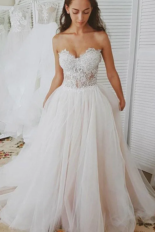 Weekend Flash Sale Princess Long Sweetheart A-line Ivory Wedding Dress with Lace