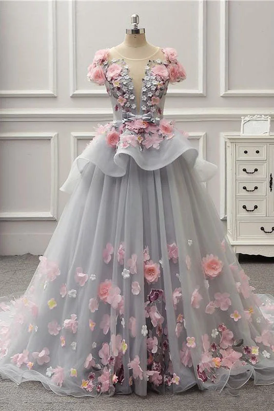 Huge Savings Elegant Lace-up Back Floral Appliques Grey Long Prom Dress