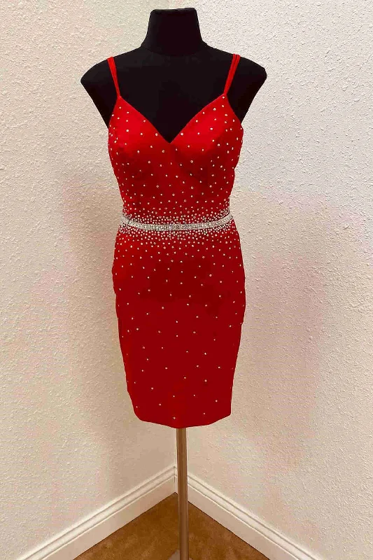 Discount Mania Straps Red Short Homecoming Dress with Rhinestones