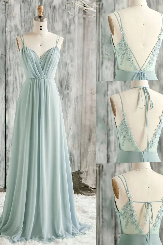 Exclusive Offers V-Back Double-Strap Sage Green Ruched Chiffon Bridesmaid Dress