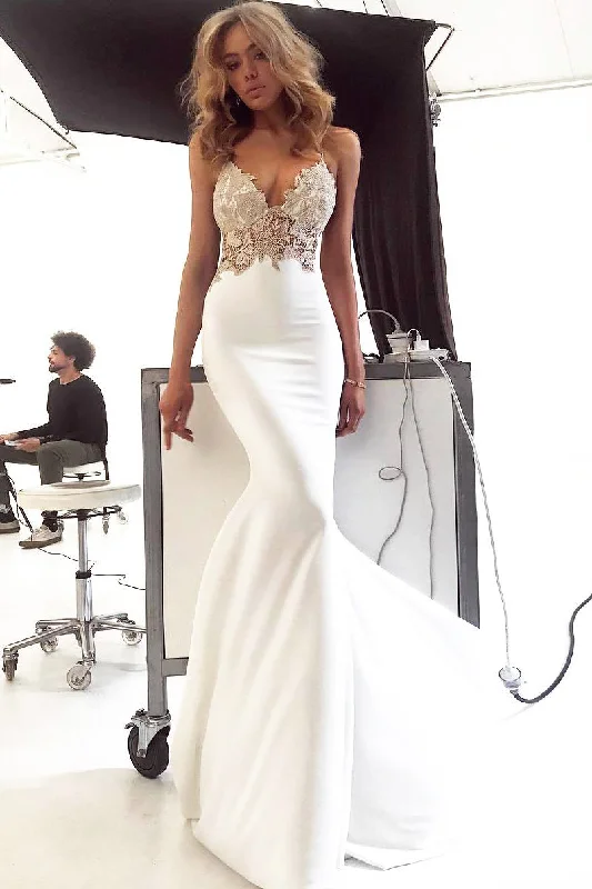 Special Discount Mermaid Spaghetti Straps White Long Prom Dress with Appliques