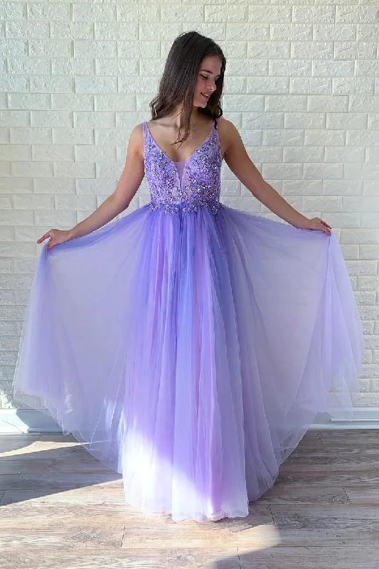 Steals and Deals Beaded Open Back purple Long Prom Dress